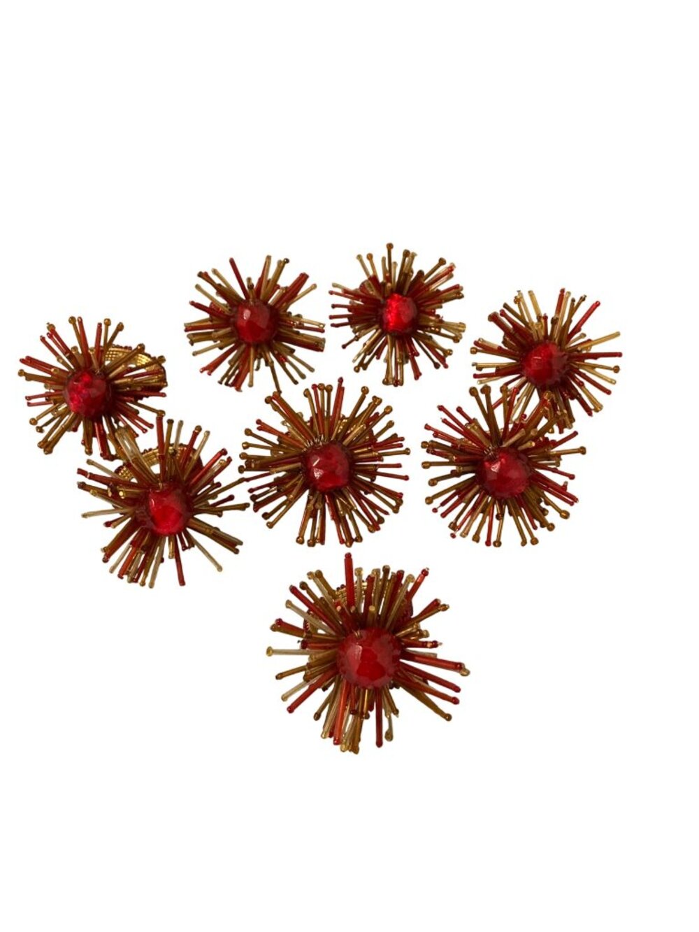 Vintage Christmas MCM Atomic Starburst Napkin Rings Red And Gold Beaded